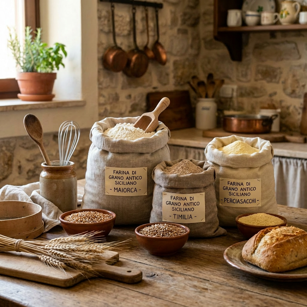Cloth bags labeled Maiorka, Tumminia, and Perciasacchi ancient Sicilian wheat flours with grains and bread on a wooden table