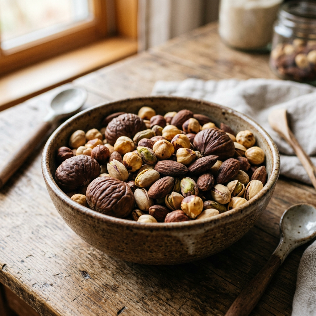 Bowl filled with mixed nuts including almonds, pistachios, hazelnuts, and walnuts on a wooden table